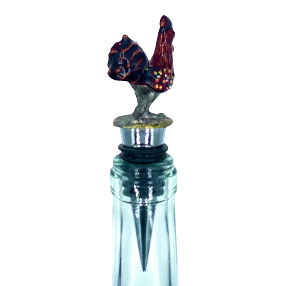 Bejeweled Rooster Wine Bottle Stopper, Enameled Pewter Rhinestones - Picture 5 of 7